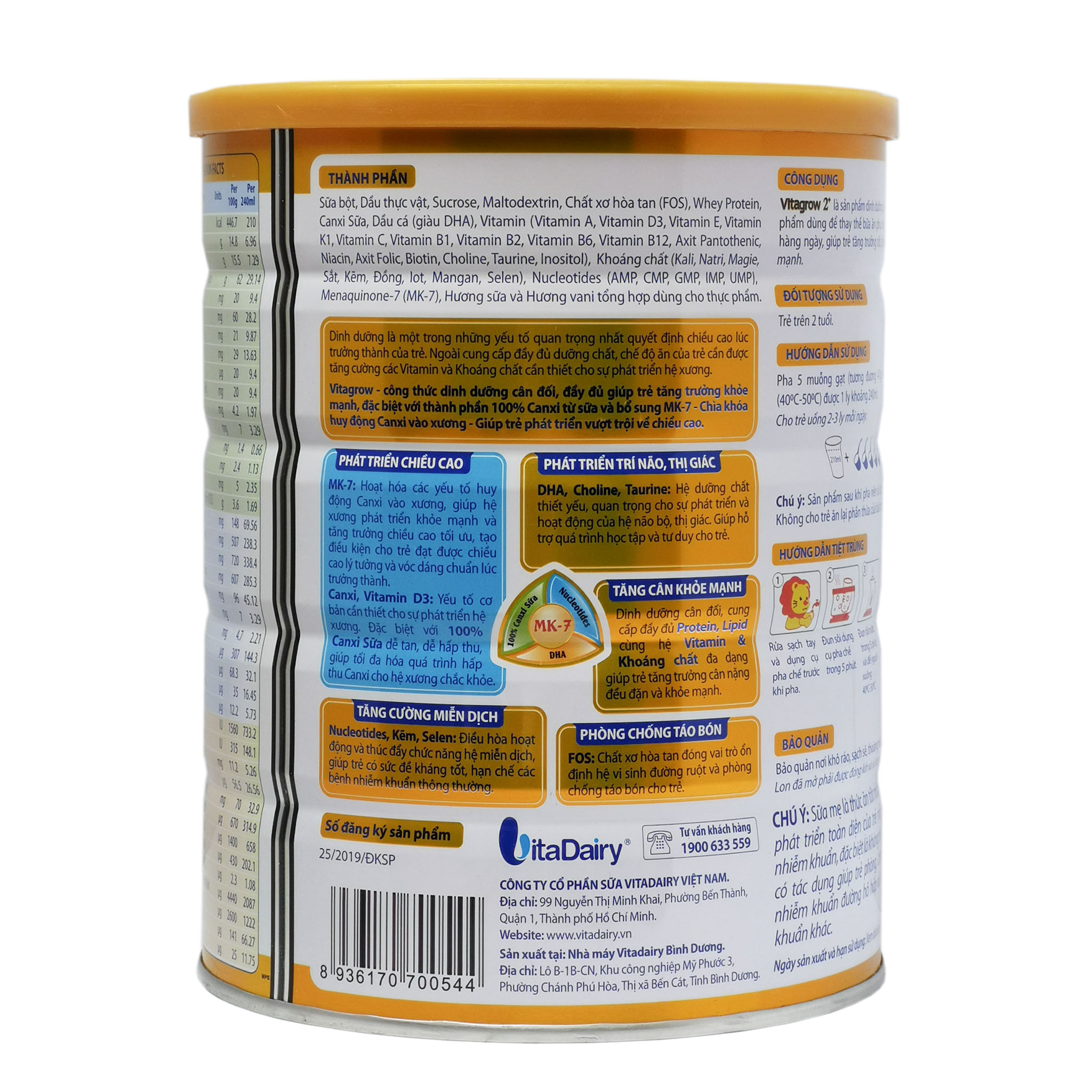 Sữa Bột Vitadairy Vitagrow 2+ Hộp 900g (Tăng chiều cao vượt trội; Cho trẻ 2 tuổi)