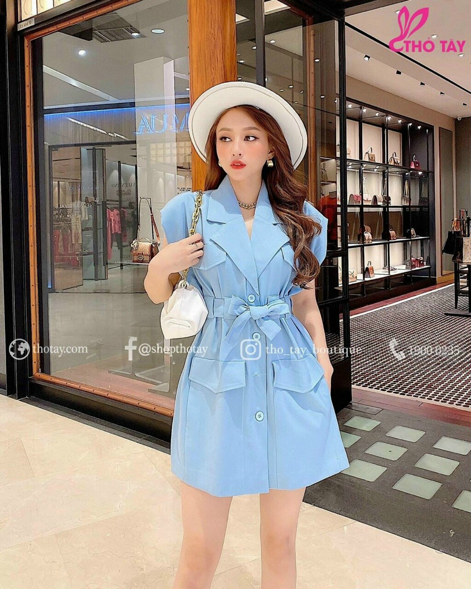 [HCM]Đầm cổ vest tay con đắp túi cột nơ eo #damcovest