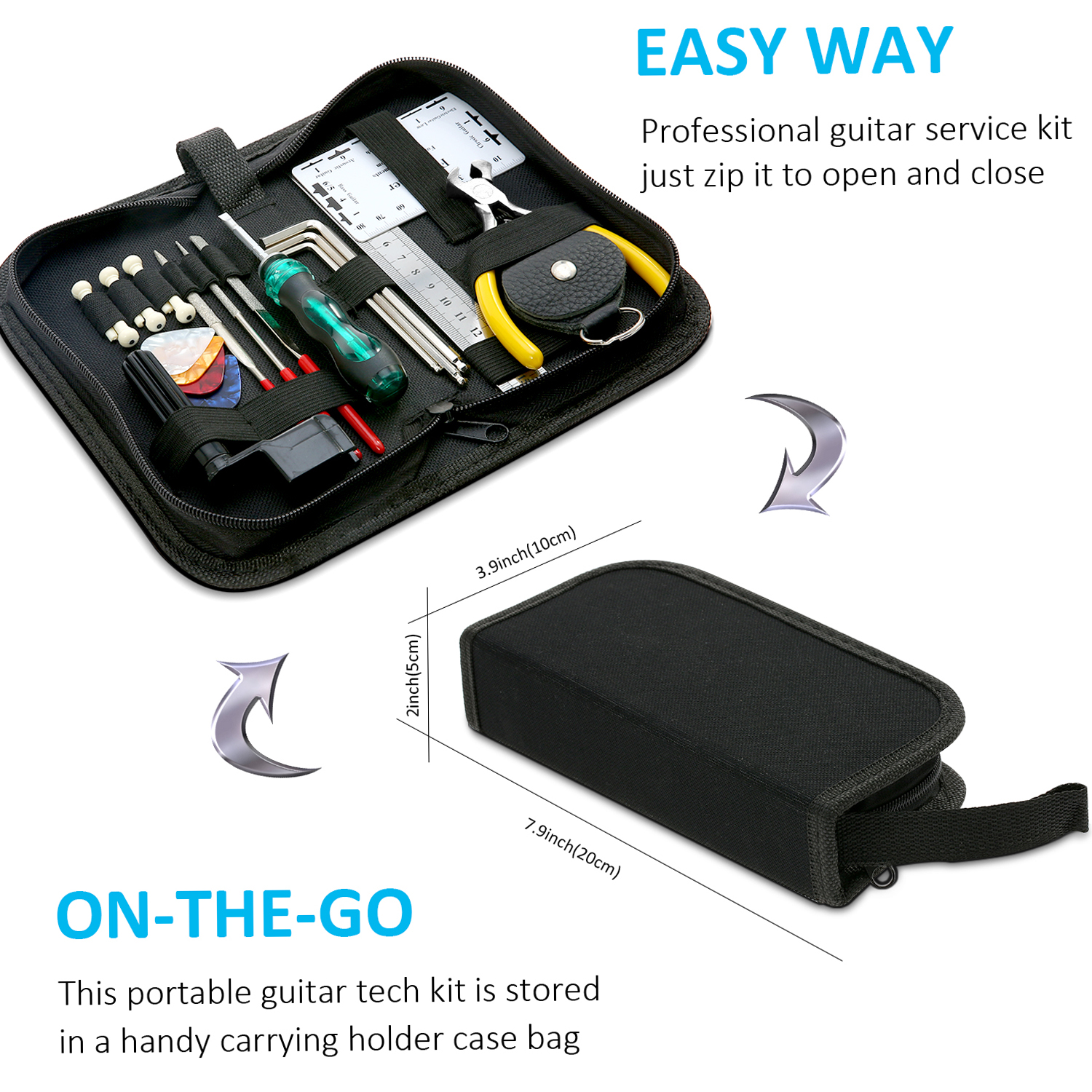 Guitar Repairing Maintenance Cleaning Tool Kit Includes String Action Ruler & Gauge Measuring Tool & Hex Wrench Set & Files & String Winder & String Cutter & Bridge Pins & Picks & Picks Bag for Guitar Ukulele Bass Mandolin Banjo