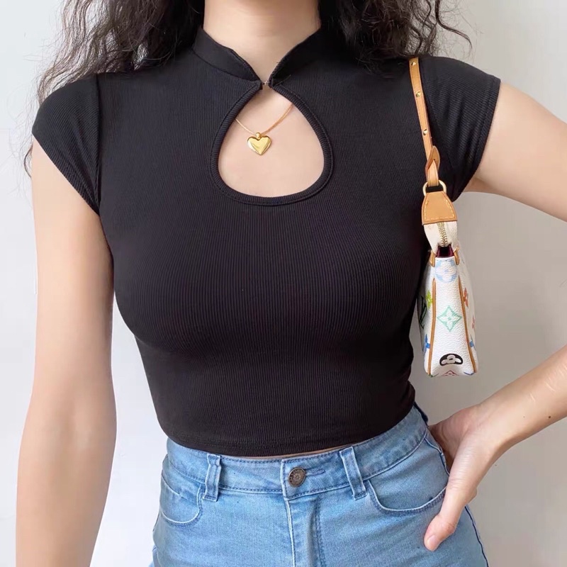 Áo kiểu thun croptop tay ngắn cổ tàu 4 màu basic cho nữ