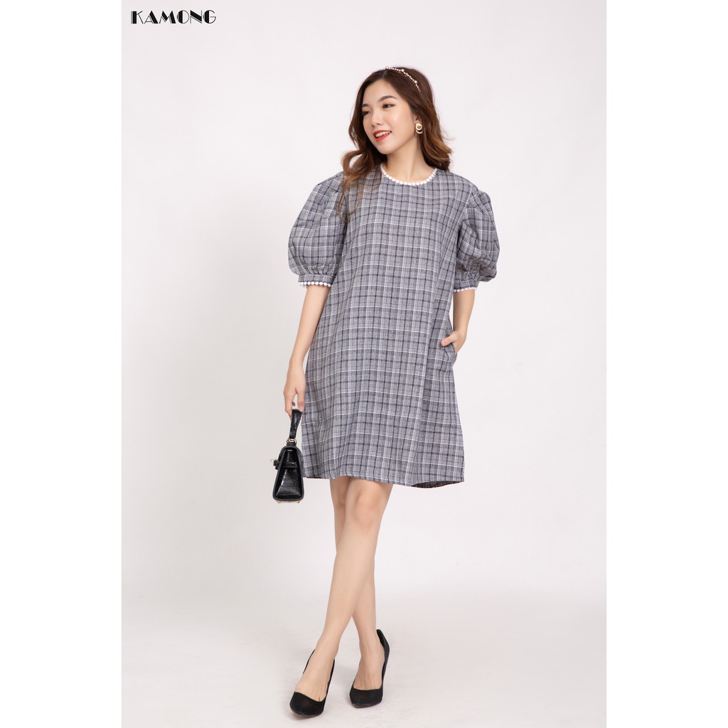 Đầm Suông Caro Phối Cổ Ren Kamong D086