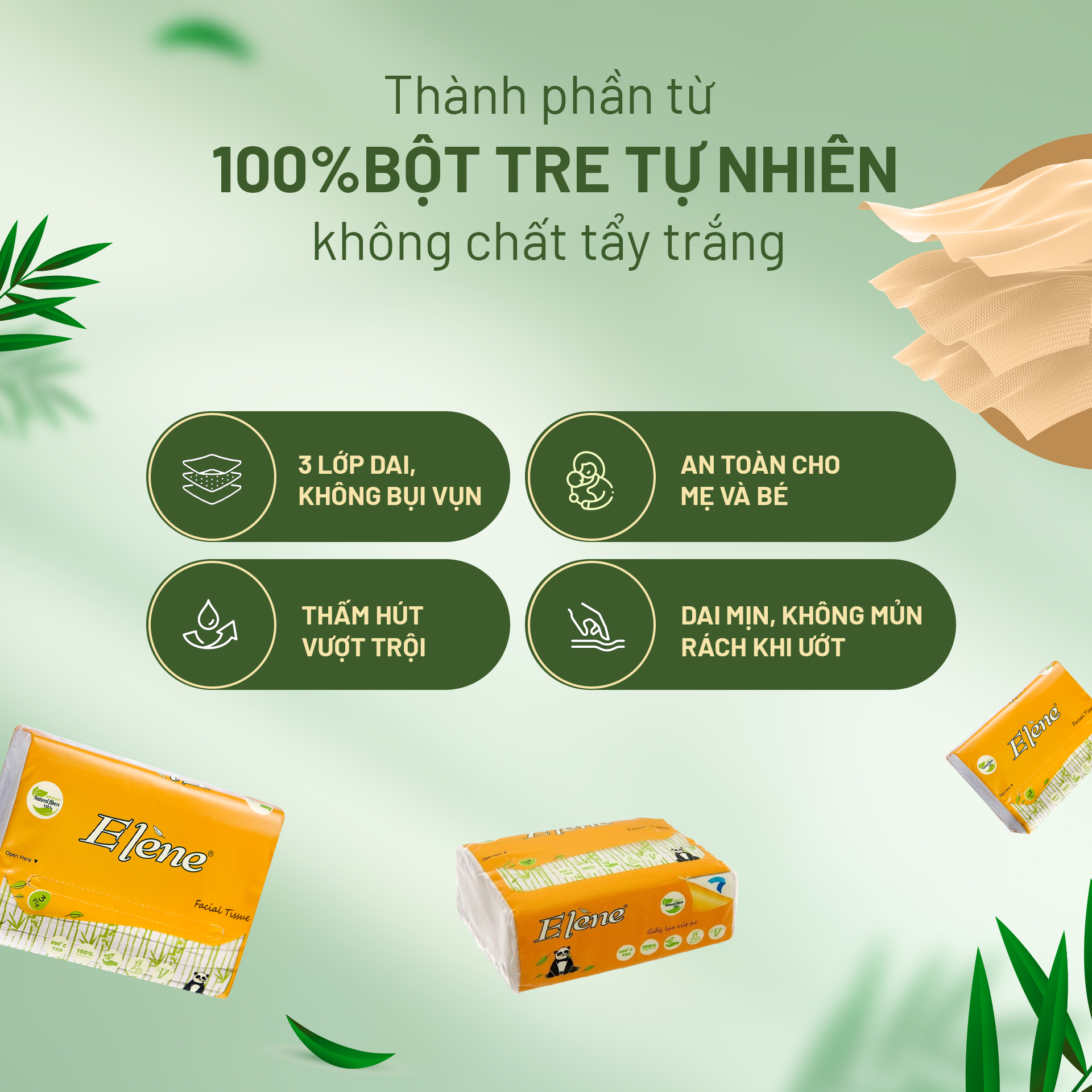 Thùng 30 Gói Giấy Ăn Gấu Trúc Than Tre Elene Bamboo 100 Tờ - 3 Lớp🎋Giấy Bột Tre🎋Giấy Rút Đa Năng🎋