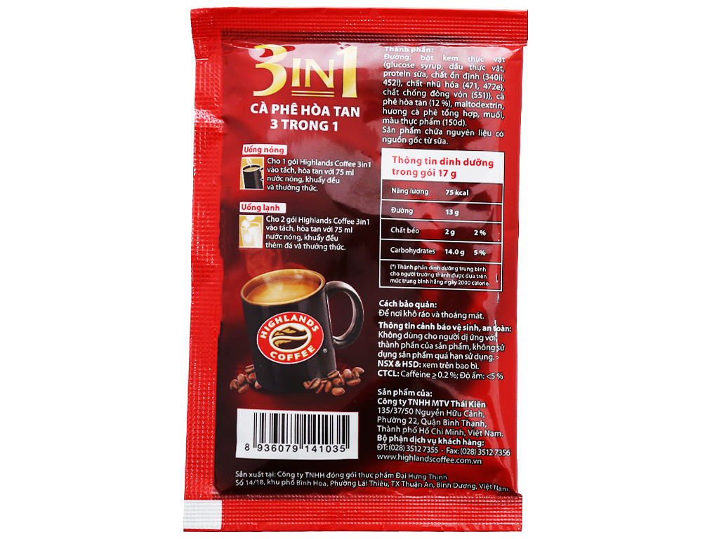 Cà Phê Highlands Coffee 3in1 Hòa Tan (40 Gói x 17g)