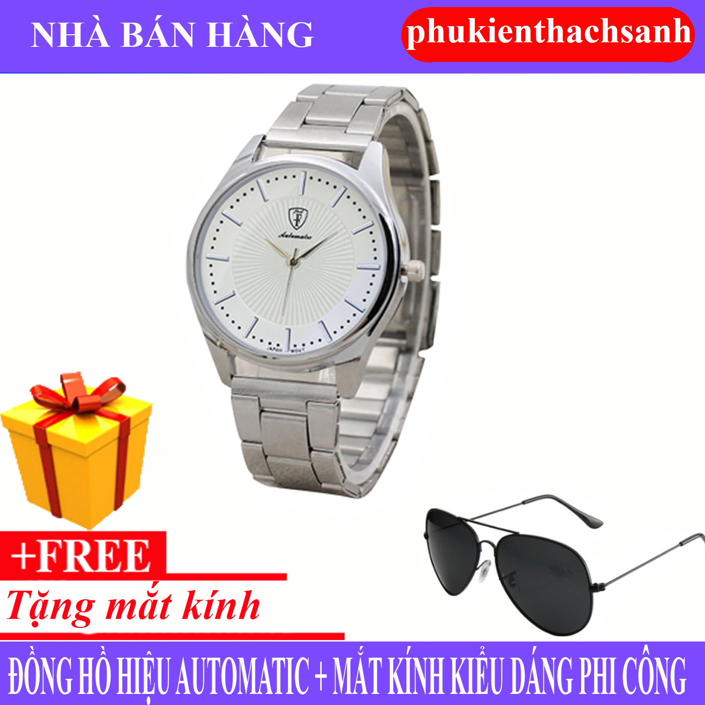 Combo Đồng hồ nam Automatic - Japan MoVT chống nước tốt  + Mắt kính thời trang