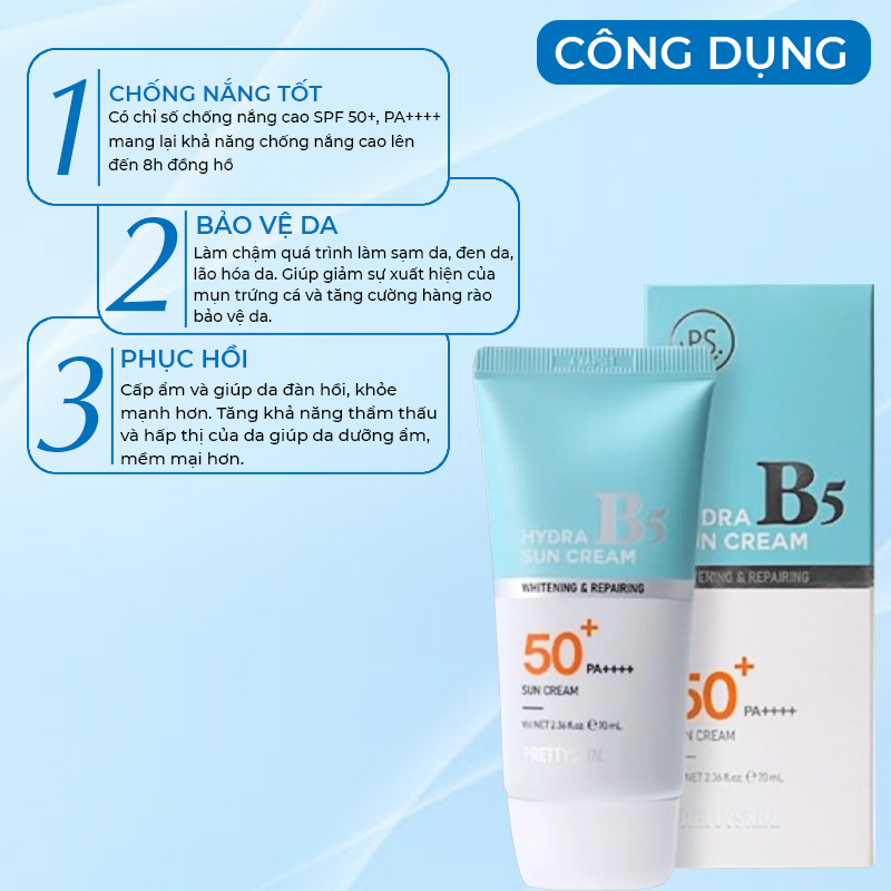 Kem Chống Nắng Phục Hồi Dưỡng Trắng B5 PRETY SKIN Hàn Quốc Hydra B5 Sun Cream 70ML Giúp Bảo Vệ Da Khỏi Tia UVA và UVB Ngưa Ngừa Lão Hóa Cung Cấp Độ Ẩm