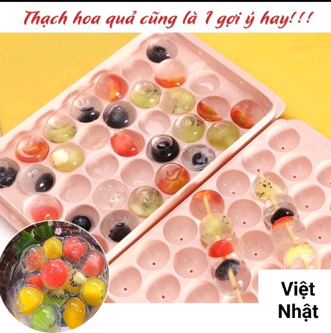 Khay đá khay trữ đông bi tròn tủ lạnh 33 viên có nắp đậy Việt Nhật, Khuôn làm thạch hoa quả hình bi tròn ngộ nghĩnh (MI-382)