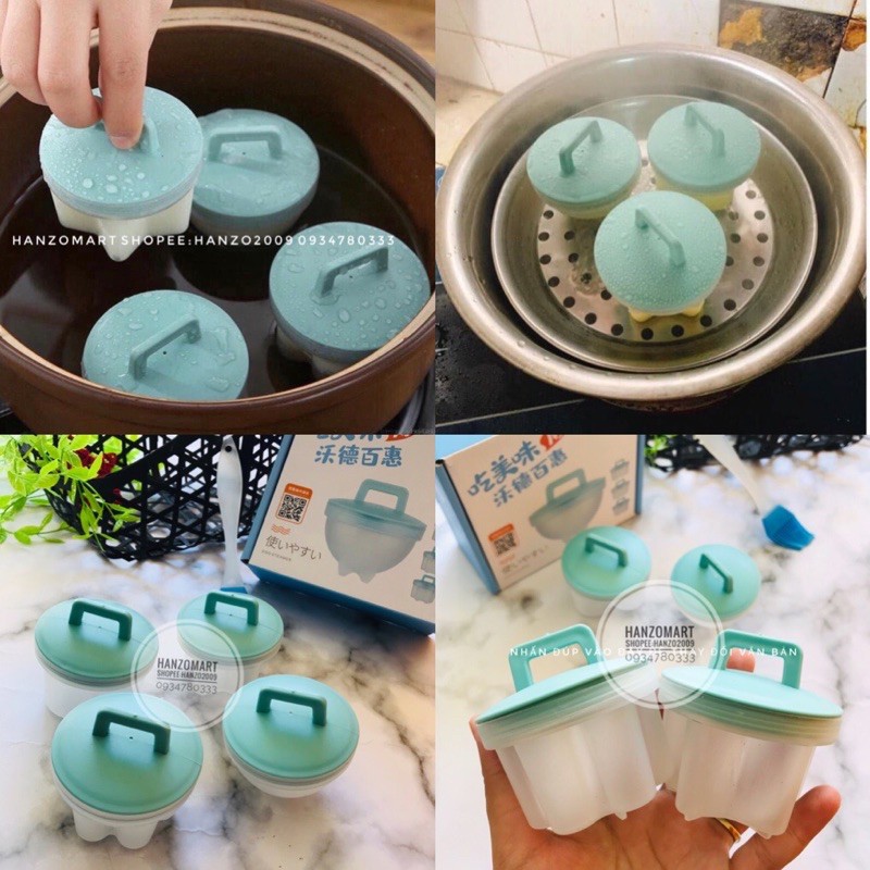Khuôn Hấp Trứng, Hấp Bánh, Làm Bánh, Pudding,Flan Chống Dính Bộ 4 Khuôn Có Nắp (Tặng Phết Bơ Dầu)