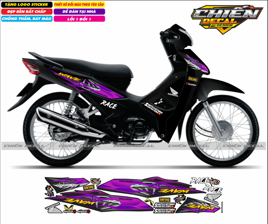 Tem rời xe wave anpha 110cc - 100cc - 50cc chế mẫu tem lửa nhiều màu lựa chọn (tem 3 lớp cao cấp)
