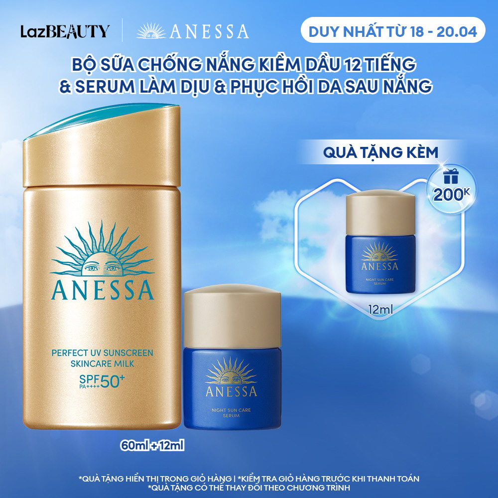 Bộ đôi Kem chống nắng dạng sữa dưỡng da bảo vệ hoàn hảo Anessa Perfect UV Skincare Milk SPF 50+ PA++++ 60ml + Serum dưỡng da và phục hồi da sau nắng Anessa Night Sun Care Serum 12ml