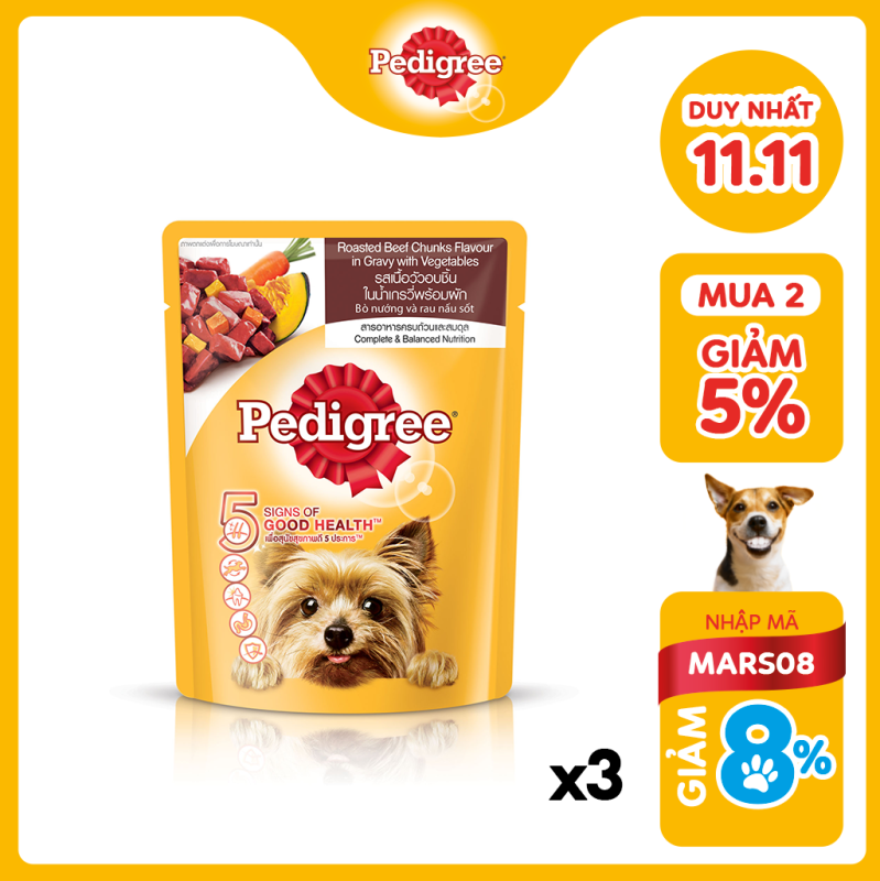 Bộ 3 túi thức ăn cho chó lớn dạng sốt Pedigree vị bò nướng và rau củ 80g