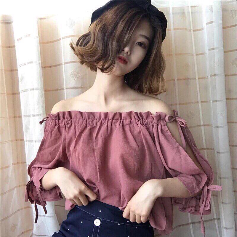 ÁO KIỂU NỮ BÁNH BÈO CỘT NƠ,ÁO KIỂU KATE DÁNG CROPTOP,ÁO HỞ VAI CỘT DÂY TAY THỜI TRANG NỮ(NGỌC39K