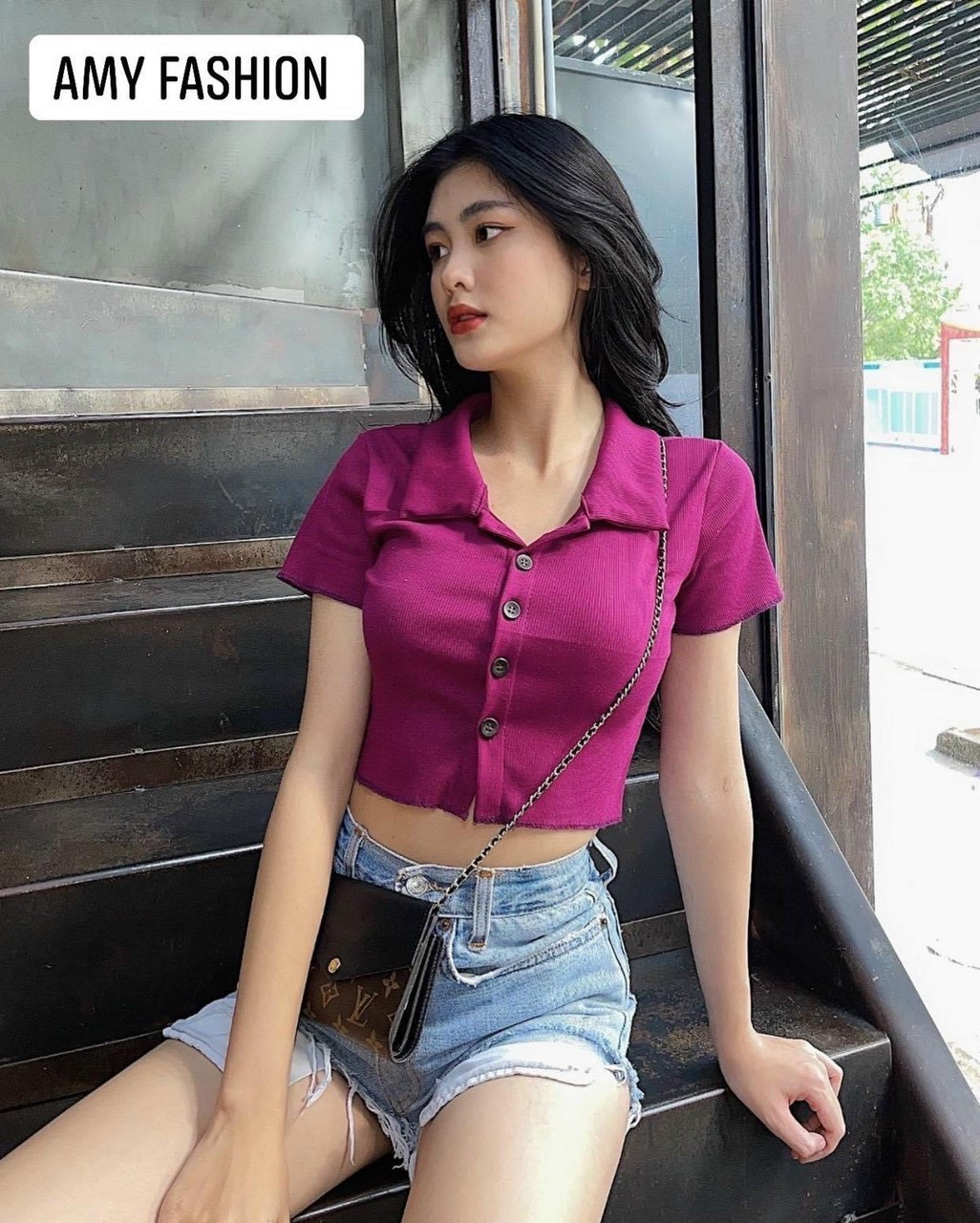 Áo Croptop Cài Nút Cổ Trụ Thun Gân Siêu Đẹp TTVV0056