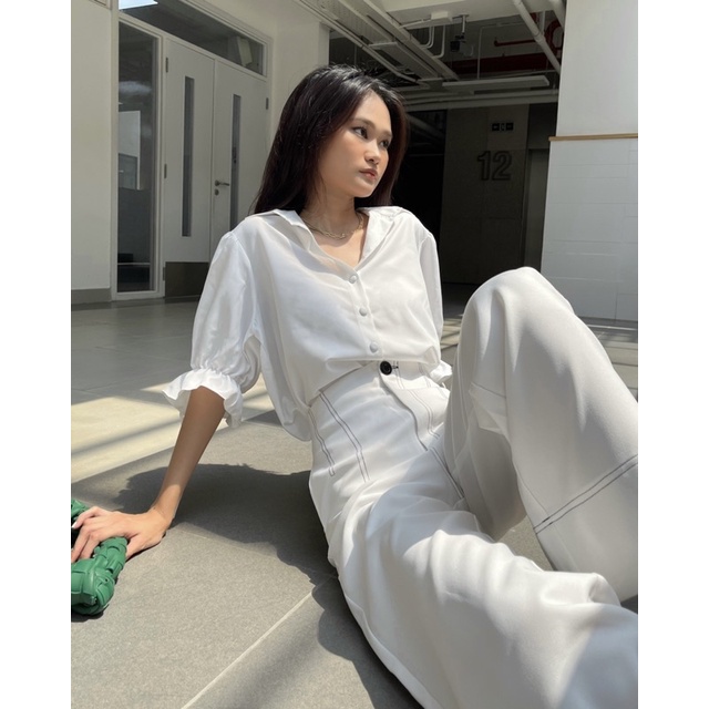 [Nhập mã LAZFASHION34-giảm 15% tối đa 99k/600k]SAP - Áo sơ mi tay nơ nút bọc thanh lịch