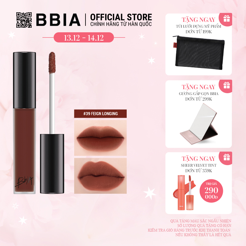 [Deal độc quyền Lazbeauty 18.12] Son Kem Lì Bbia Last Velvet Lip Tint Version 8 - #39 Feign Longing (Màu Đỏ Ớt) 5g - Bbia Official Store