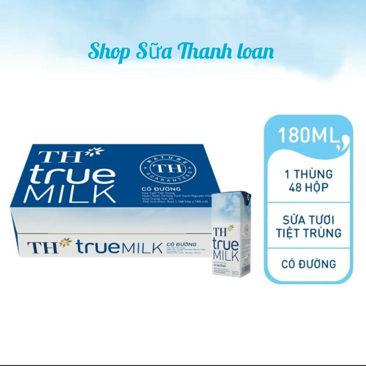 (HSD T9-2024) Thùng 48 Hộp Sữa tươi tiệt trùng TH true MILK CÓ ĐƯỜNG 180ml.