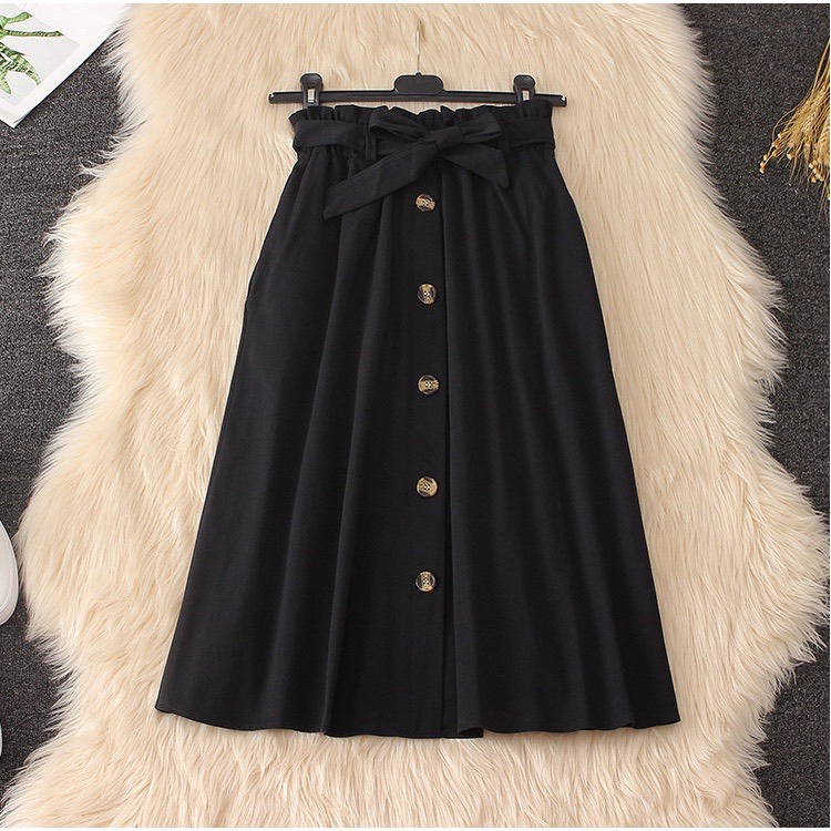 Chân váy midi công sở đính nút kiểu ulzzang hàn quốc v888 / chân váy dài xinh thắt nơ eo phối nút