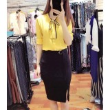 Aó công sở cột nơ viền tay dài