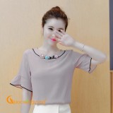 Áo nữ áo kiểu voan xốp nữ cổ tròn tay loe dáng suông cổ đính hoa GLA033 hồng tím Cuocsongvang