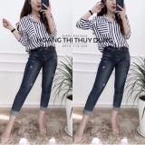Áo sơ mi cổ trụ một túi kẻ sọc