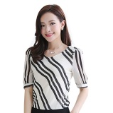 Áo sơ mi sọc xéo phối bo tay ngắn (Trắng phối đen)