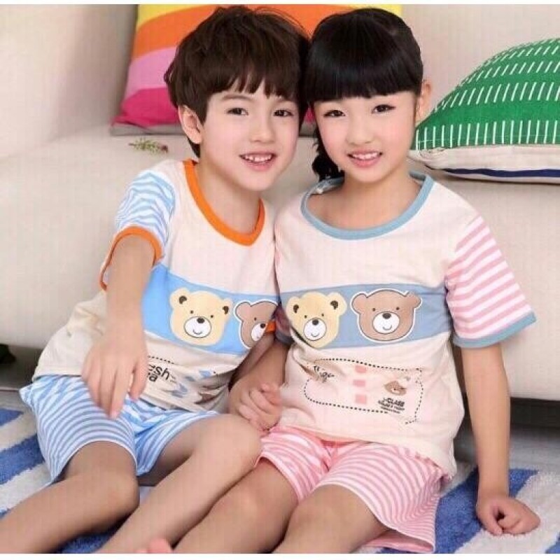 Nơi bán Bộ thun tay ngắn trai gái in gấu quần sọc từ 12kg đến 26kg - BT487