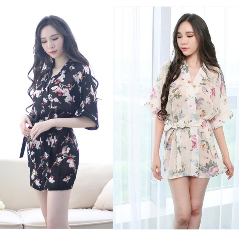 Nơi bán Combo 2 Áo khoác ngủ hoa văn voan mỏng CDAN39 RainStore - Đen - trắng - Hàng Cao Cấp