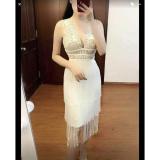 Đầm ren cổ tim váy tua rua 