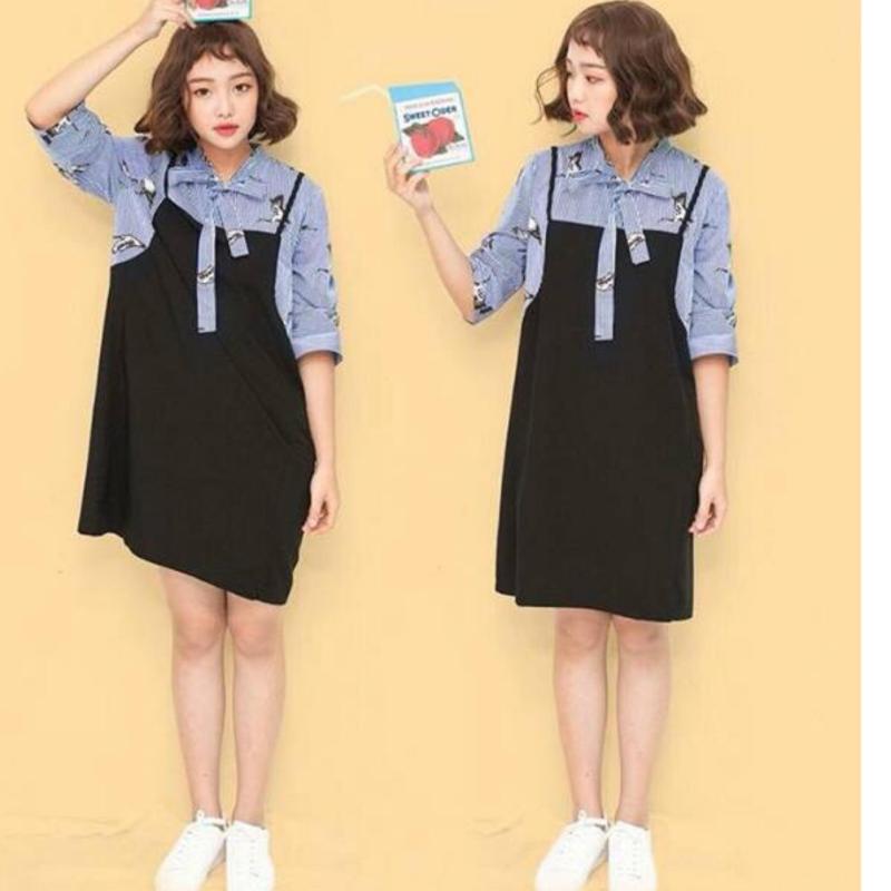 Nơi bán Đầm Suông Sơ Mi Nữ Giả Yếm Phối Nơ Tiểu Thanh Shop (đen phối sọc xanh)