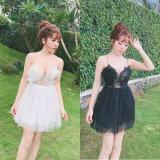 Đầm xòe 2 dây cúp ngực voan thêu ngực