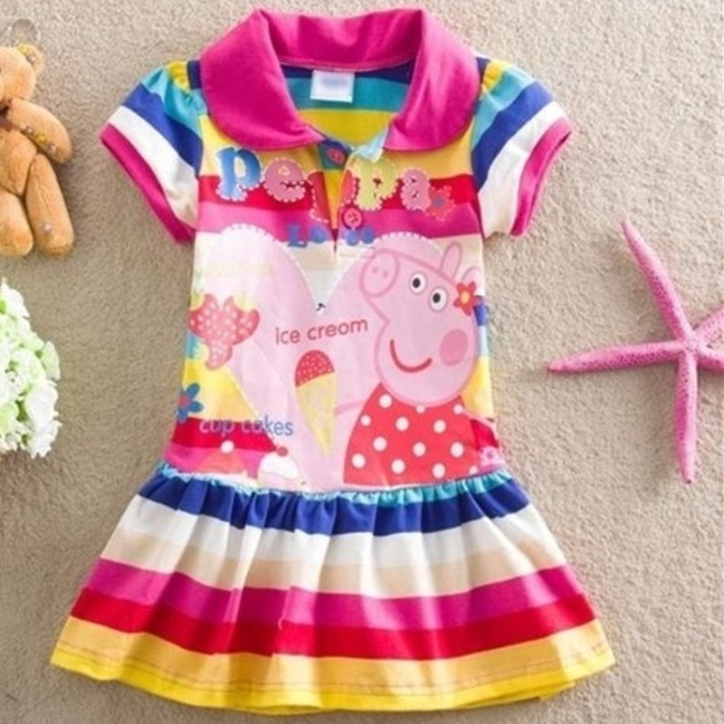 Nơi bán Trẻ em Bé Gái Peppa Pig Sọc Cầu Vồng Áo Thun Váy Trẻ Em Áo Đầm Tay Ngắn-quốc tế