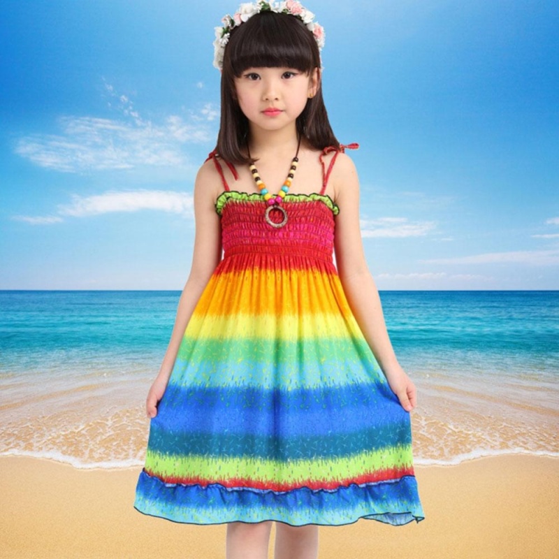 Nơi bán Moonar bohemian style kids girl summer dress rainbow sling beach dress causal girls dress (1#) - intl