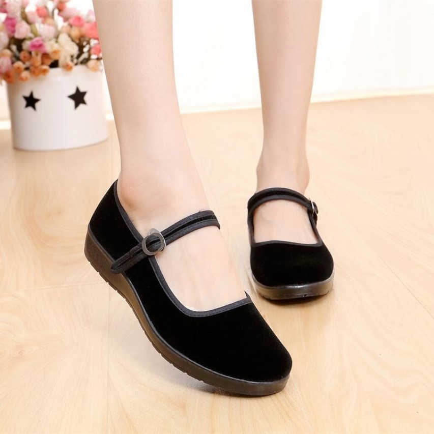 Mới cho Nữ Trung Quốc Mary Jane Ballerina Làm Giày Nhung Cotton Đế Đế Bằng MÀU ĐEN-quốc tế giá rẻ