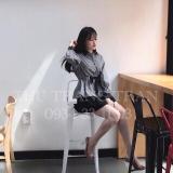 Set áo sơmi cột nơ caro và quần váy