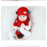 Set Mũ len tóc giả có khăn cho bé từ 6-24 tháng(đỏ)
