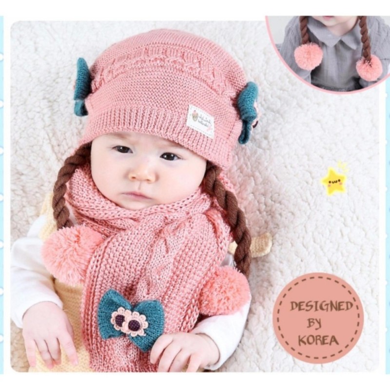Set Mũ len tóc giả có khăn cho bé từ 6-24 tháng(hồng)