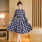 Váy đầm xòe liền thân dài tay thắt eo kẻ ca rô GLV019-Grey