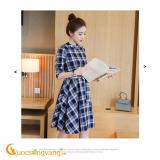 Váy đầm xòe liền thân dài tay thắt eo kẻ ca rô GLV019-Grey