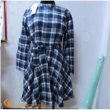 Váy đầm xòe liền thân dài tay thắt eo kẻ ca rô GLV019-Grey