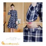 Váy đầm xòe liền thân dài tay thắt eo kẻ ca rô GLV019-Grey