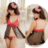 Váy ngủ sexy voan phối ngực ren CDAN50 RainStore - Đen ren đỏ