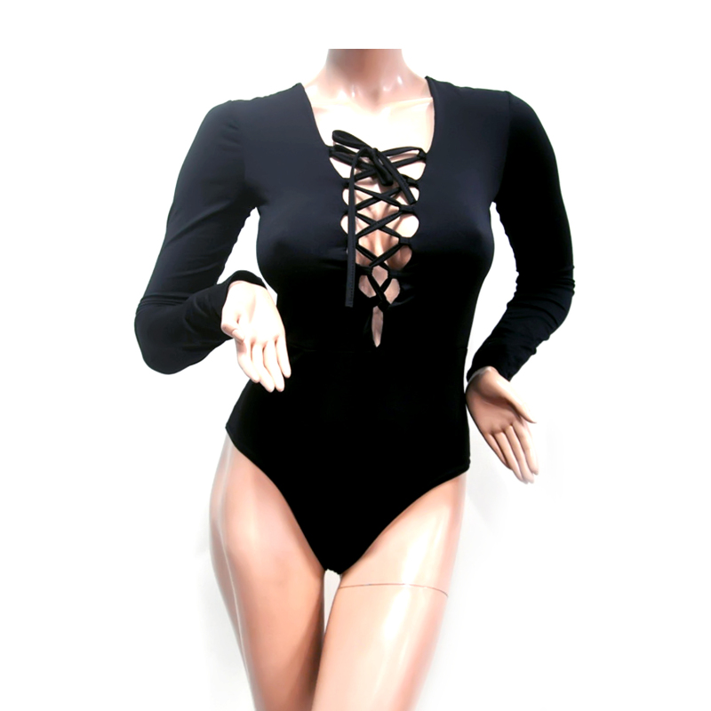 Nơi bán Áo Nữ Rỗng Buộc Dây Băng Chữ V Phối Tay Dài Liền quần Bikini Bodysuits Áo Sơ Mi Đen Size M