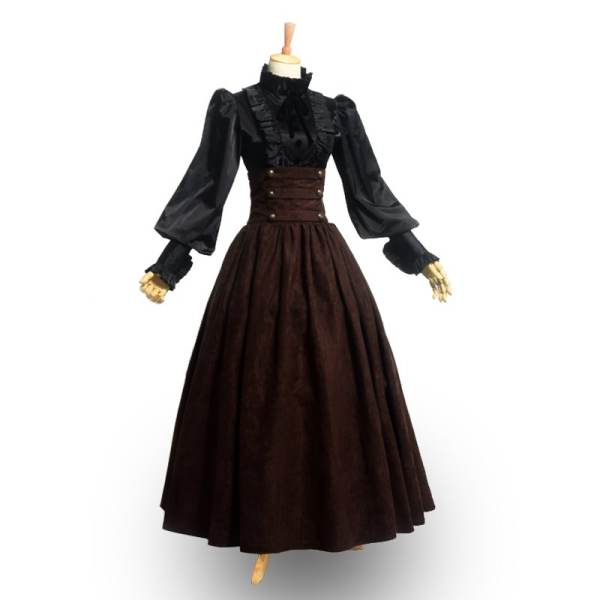 Bộ Hai Chiếc Váy Dài Kẻ Sọc Áo Sơ Mi Ren Dài Tay Cổ Điển Cung Đình Phong  Cách Châu Âu Kiểu Pháp Váy Liền Thân Lolita Phong Cách Đen Tối 