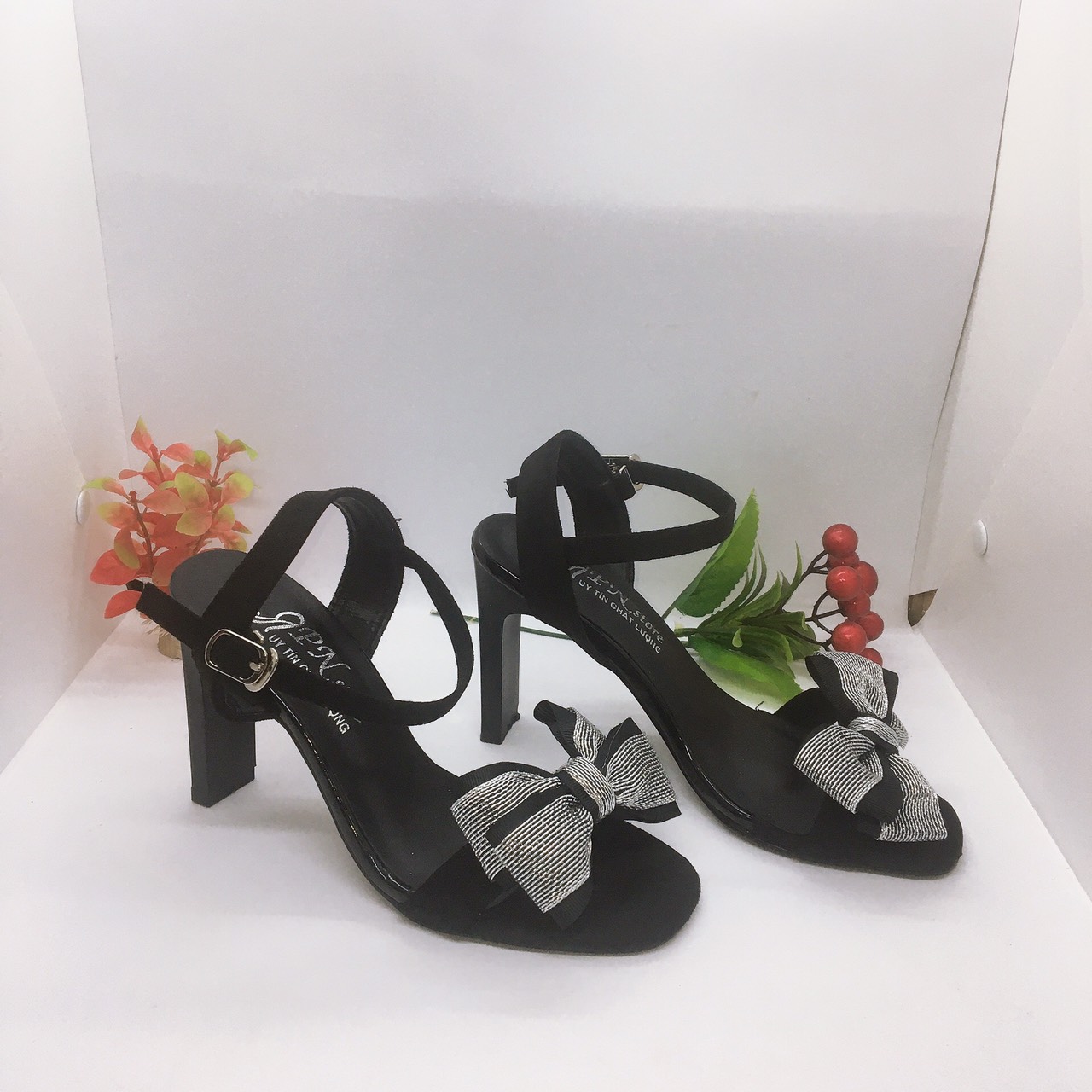Giày cao gót, giày sandal cao gót dẹp 9p quai ngang kết nơ - ảnh thật SD18