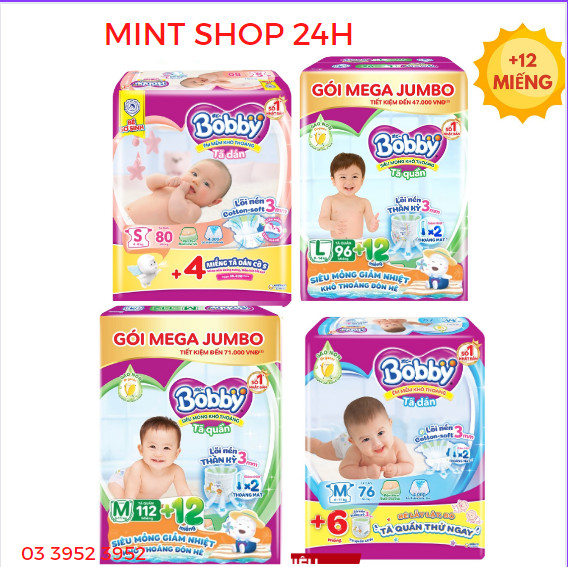 Tã dán Bobby lõi nén gạo non mới cotton-soft 3mm M 76 miếng+6/S80 cộng miếng