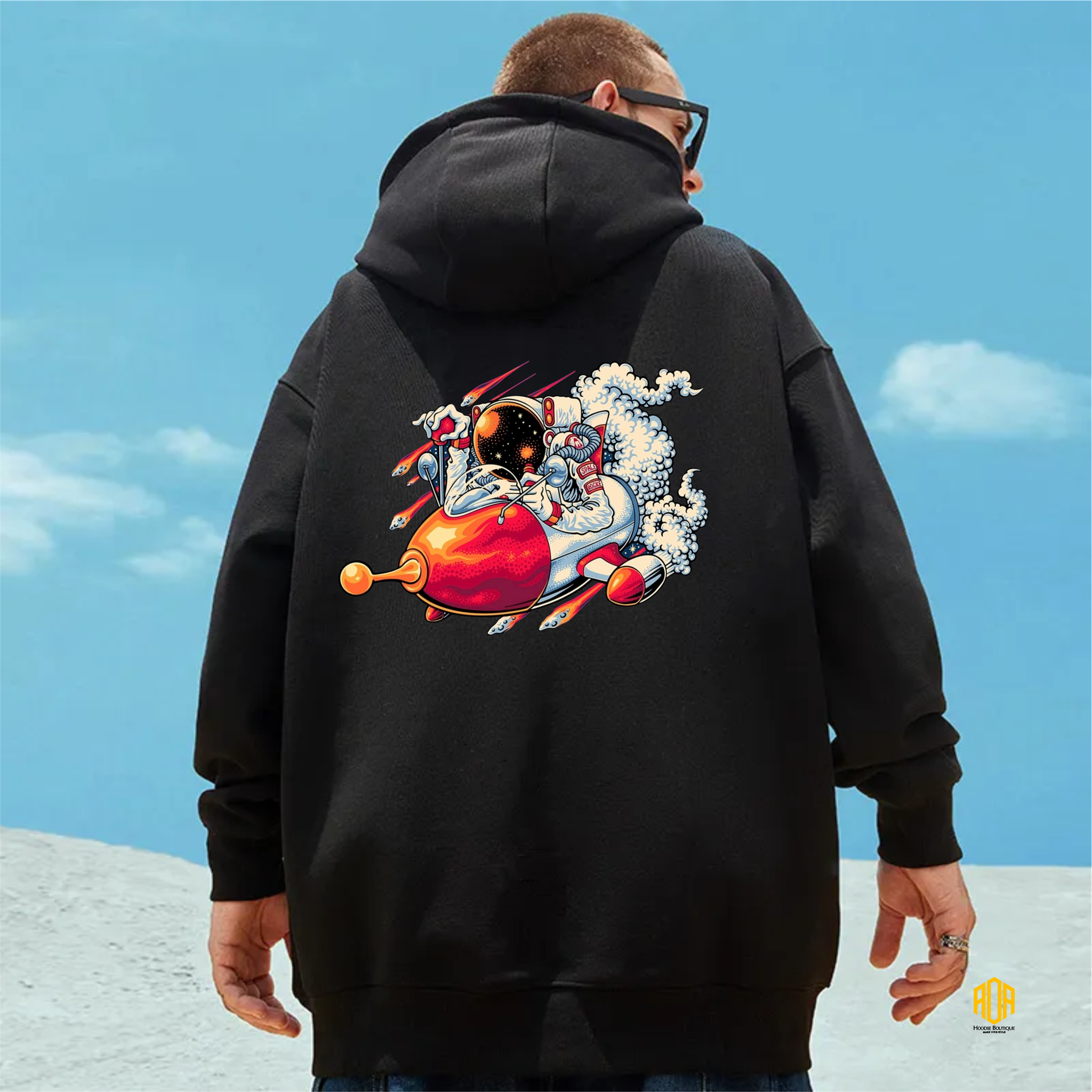Black&white áo hoodie unisex nam nữ đều mặc được phi hành gia tên lửa nasa