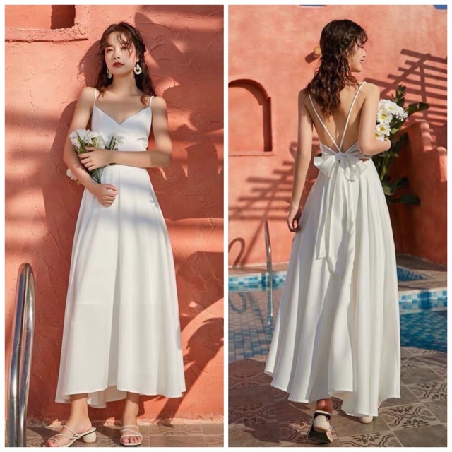 [HCM]Đầm Maxi trắng nơ sau (kèm hình thật)
