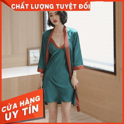Set đầm ngủ lụa cao cấp mút ngực sẵn, váy ngủ lụa cao cấp kèm choàng