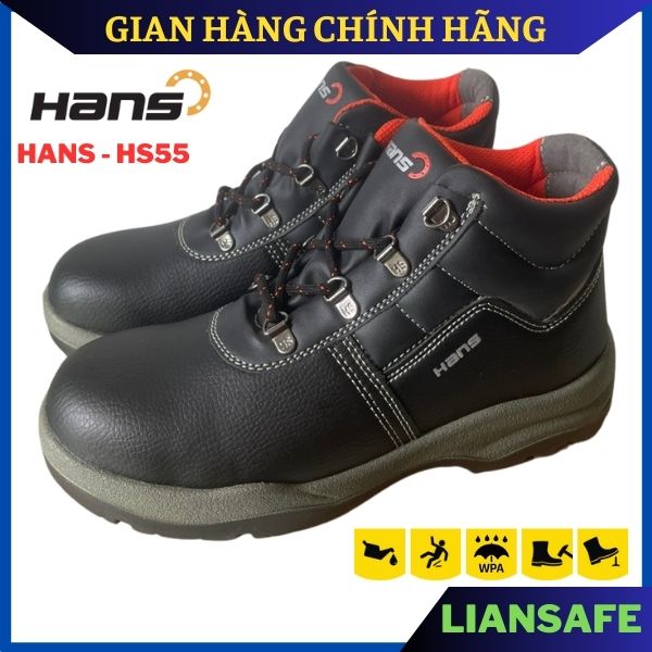 Giày bảo hộ lao động nam cao cổ Hans HS55 siêu nhẹ - da bò thật chống nước - mũi sắt thép chống đinh - đi làm công trình, công trường, thợ hàn, kiểu dáng thời trang đẹp