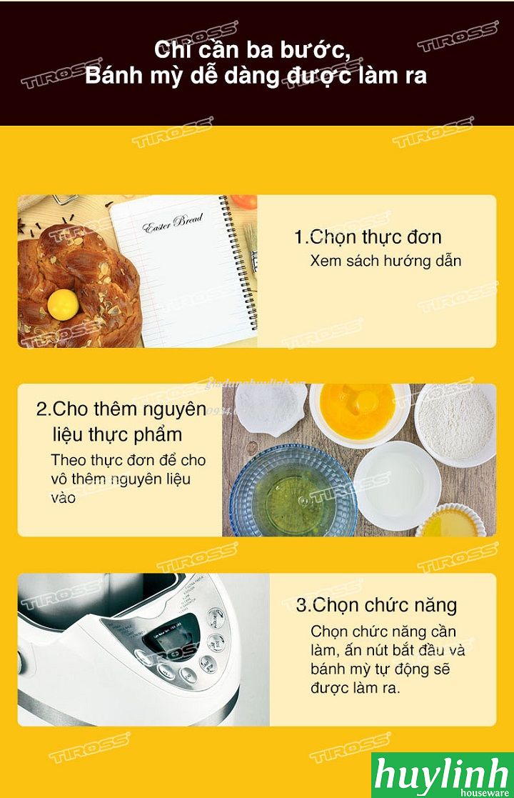 [HCM]Máy làm bánh mì Tiross TS820 - 12 chức năng [700 - 900gr bánh]