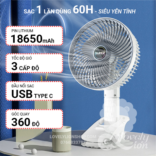 (có sẵn)Quạt sạc tích điện cánh quạt lớn 3 cấp độ gió(để bàn,kẹp,treo hoặc cầm tay)